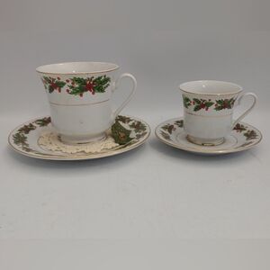 Fine China Christmas Poinsettia & Holy Berries 2 Teacup & Saucer Candle Holders